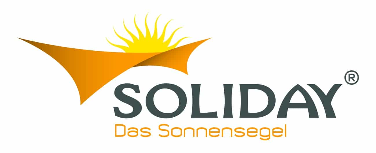Logo mit gelbem Sonnensegel, stilisierter Sonne und Schriftzug Soliday Das Sonnensegel