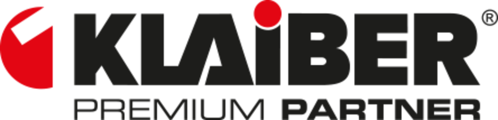 Klaiber Logo in Schwarz mit rotem Akzent und Schriftzug Premium Partner