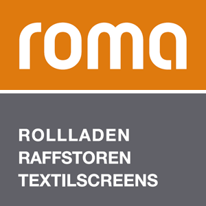 Das Bild zeigt das orange weiße Roma Logo mit grauem Text zu Rollladen und Textilscreens